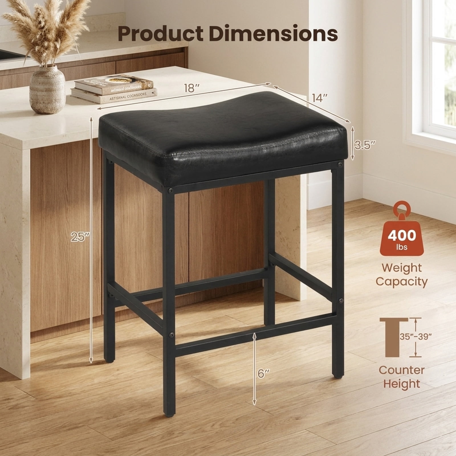 Furnibear Set of 2 25 Inch Counter Height Bar Chairs for Kitchen Island for Kitchen Island Counter Bar Pub Dining Home, Black