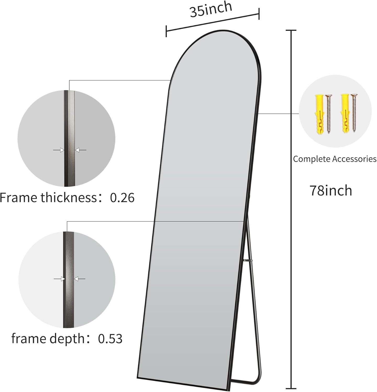 Anyrose 78"x 35" Arched Full Length Mirror Floor Mirror with Stand Wall-Mounted, Black