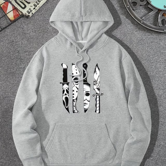 Sudadera Con Capucha Con Estampado De Personaje De Terror En El Cuchillo, Sudaderas Con Capucha Geniales Para Hombres, Sudadera Con Capucha De Diseño Gráfico Informal Para Hombres Con Bolsillo De Cang