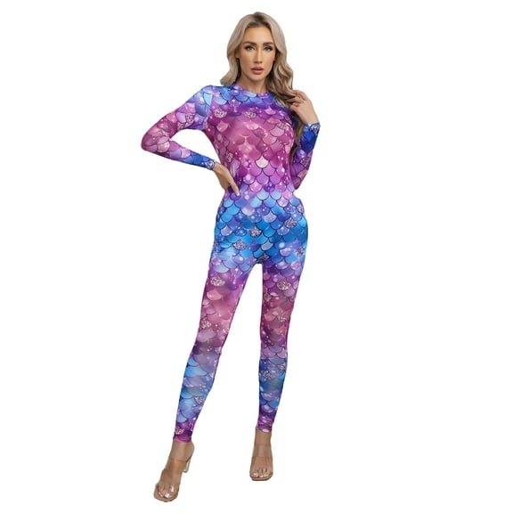 YEAHDOR Womens Mermaid Cosplay Costume Fish Scale Print Full Body Jumpsuit Tie-dye Long Sleeve Swimming Bodysuit Type A L