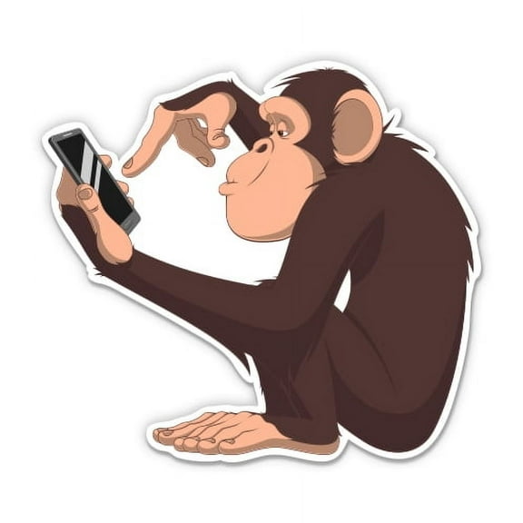 Monkey with Phone Funny - 3" Vinyl Sticker - For Car Laptop I-Pad Phone Helmet Hard Hat - Waterproof Decal