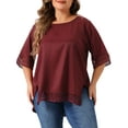 thumbnail image 1 of Blusas Casuales de Manga Corta de Encaje de Talla Grande para Mujeres Agnes Orinda, Cuello Redondo, 2X, Burdeos, 1 of 6