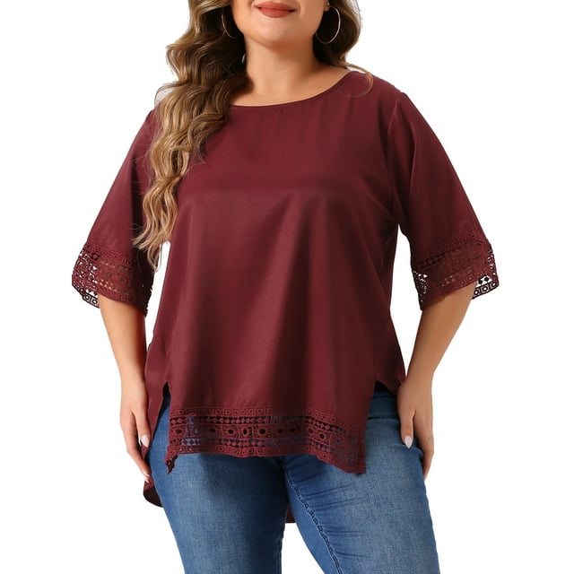 Blusas Casuales de Manga Corta de Encaje de Talla Grande para Mujeres Agnes Orinda, Cuello Redondo, 2X, Burdeos