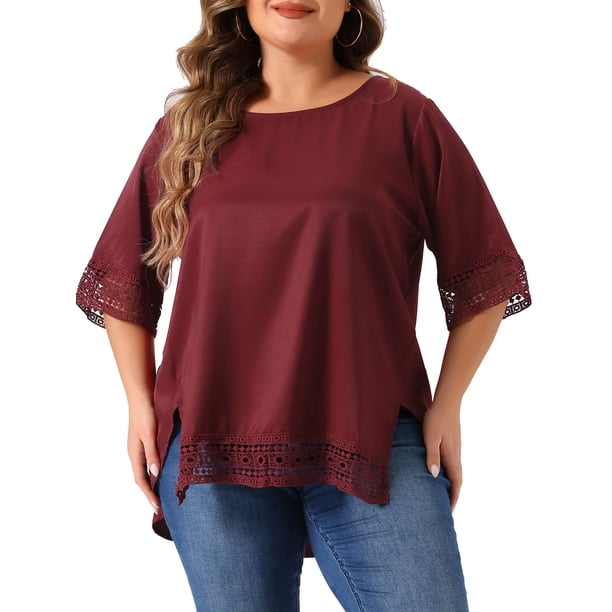 Blusas Casuales de Manga Corta de Encaje de Talla Grande para Mujeres Agnes Orinda, Cuello Redondo, 2X, Burdeos