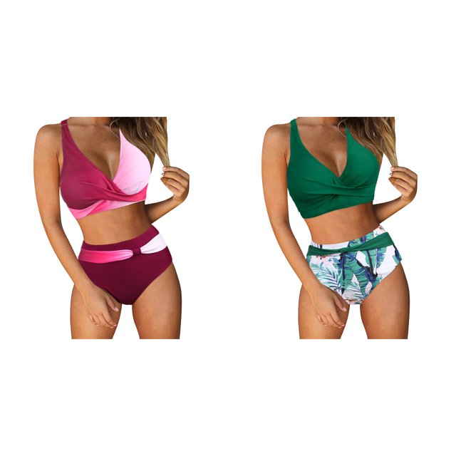 (2-Pack) Rinsvye Women'S High Waist Printed Tankini Swimsuit With Removable Pads Adjustable Straps Two Piece Set For Swim Beach Vacation Travel Flattering Fit