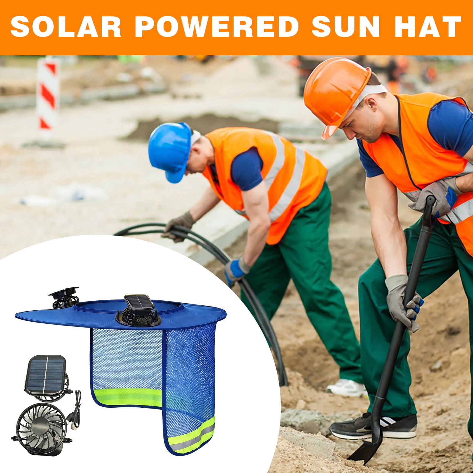 HAJAGP Solar Fan Helmet Visor, Blue, Sun Protective Hard Hat with Cooling Fan for Outdoor Work, Summer, Adjustable Speed, Waterproof
