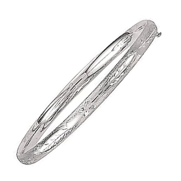 Sterling Silver Floral Engrave Hinged Bangle Bracelet with Chain