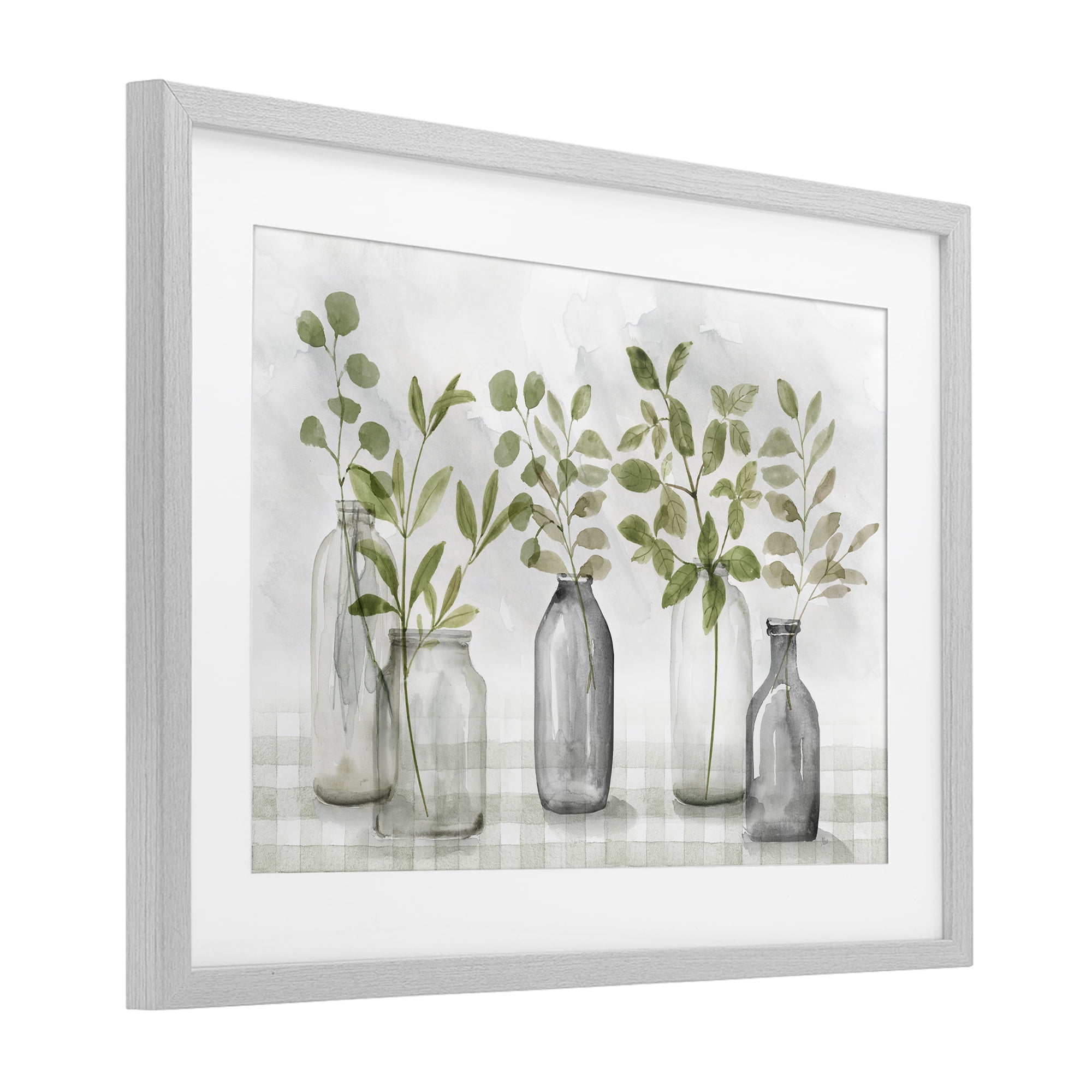 Stupell Industries Greenery Leaves in Vases Gray Framed Print Under Glass, design by Nan