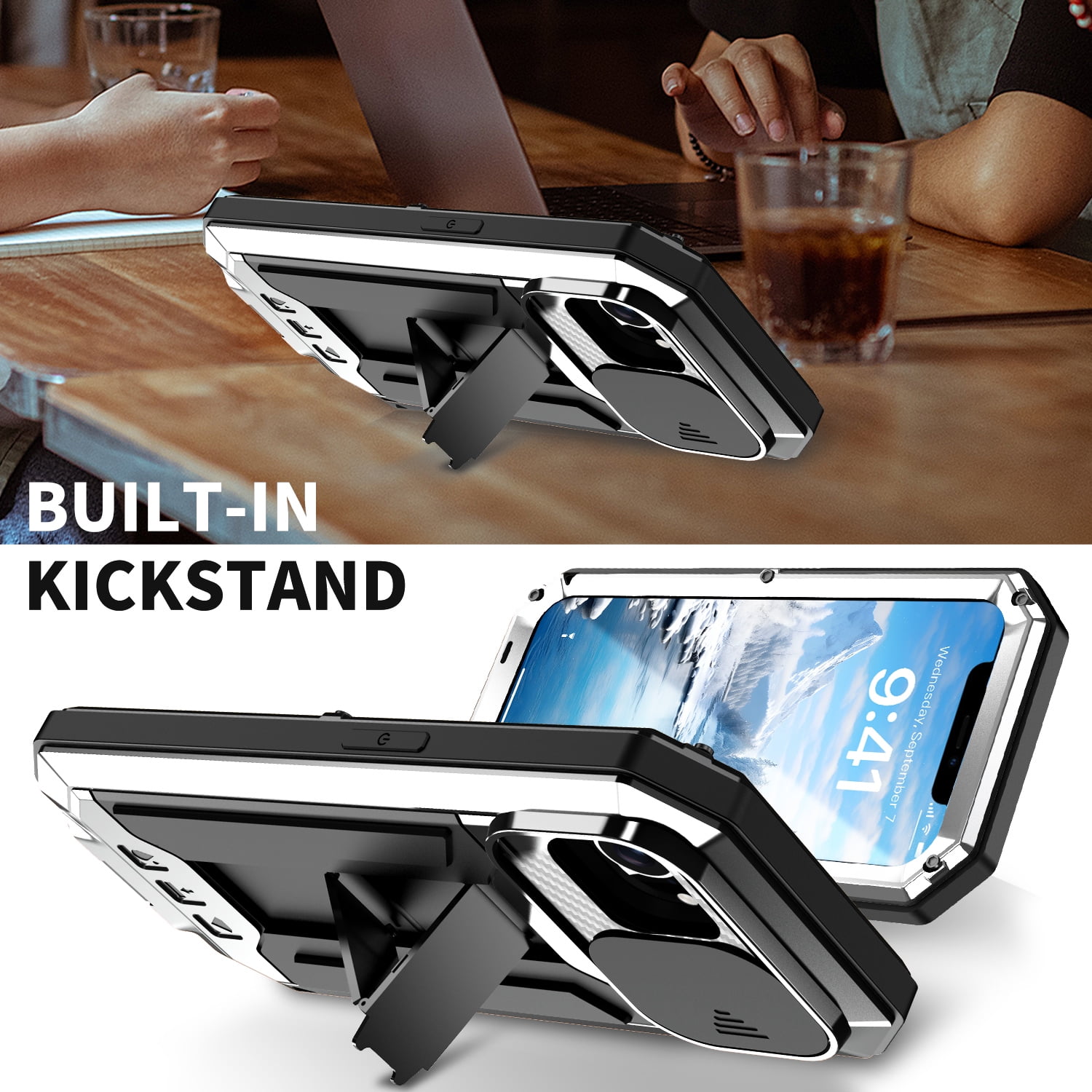 Dteck for iPhone 16E Case with Camera Cover Sliding, Heavy Duty Protection Rugged Screw Full Body Military Grade Metal Rubber with Stand Hard Built in Screen Protector for iPhone 16e 2025,Silver