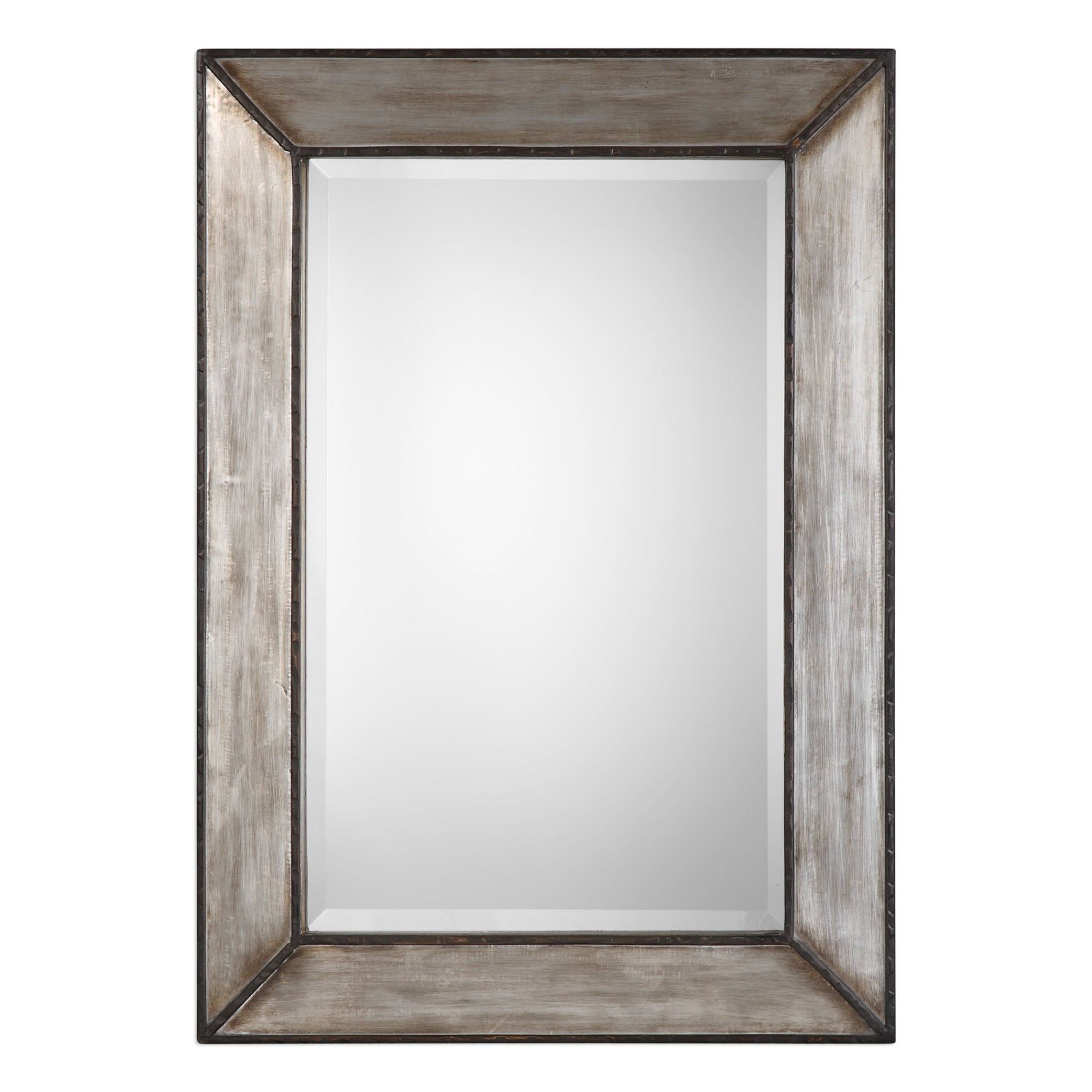 Transitional Rectangular Beveled Wooden Frame Wall Mirror Silver