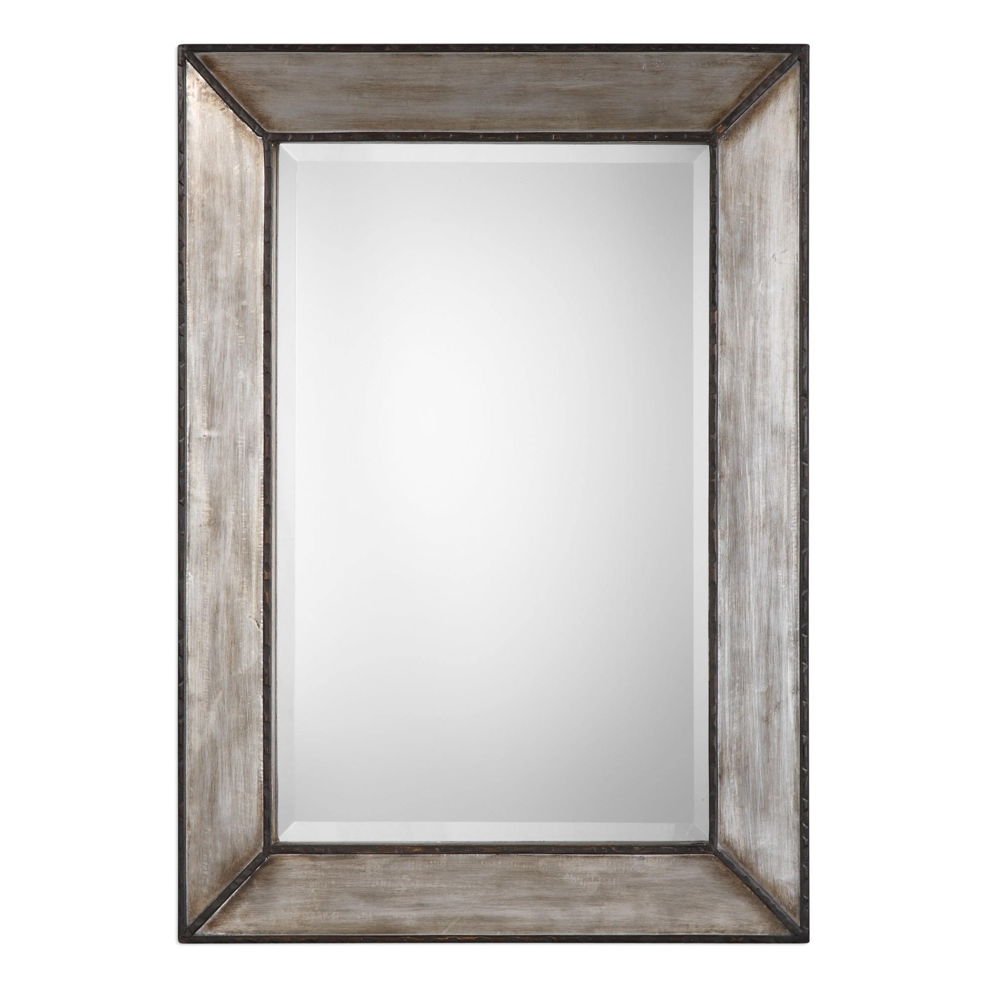 Transitional Rectangular Beveled Wooden Frame Wall Mirror, Silver