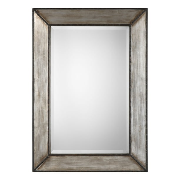 Transitional Rectangular Beveled Wooden Frame Wall Mirror, Silver ...