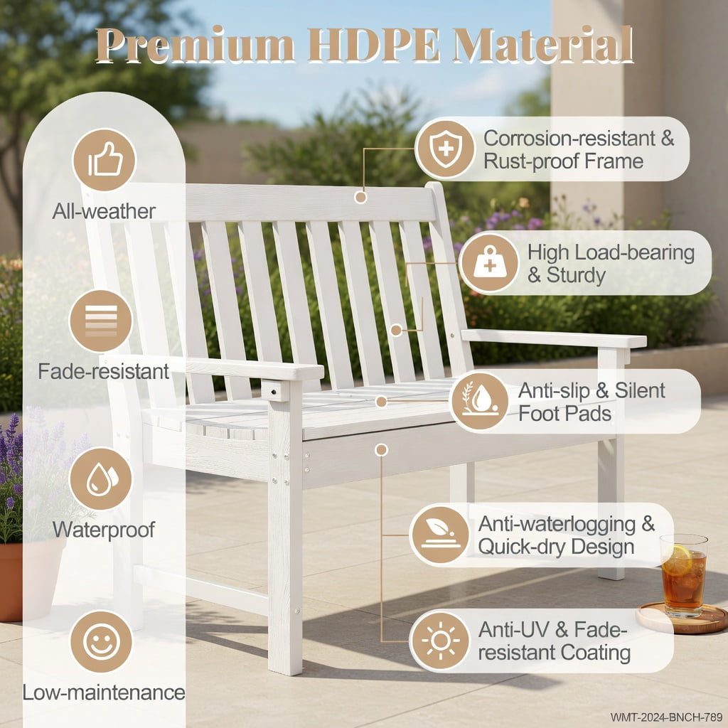Hommoo 52" All-Weather HDPE Outdoor Bench, Weatherproof, Eco-Friendly, Heavy-Duty Patio Bench with Backrest & Armrests, White