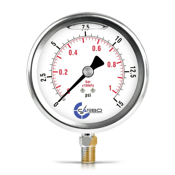 CARBO Instruments 4" Pressure Gauge, Stainless Steel Case, Chrome Plated Brass Connection, Liquid Filled, 0-15 psi/kPa, Lower Mount 1/4" NPT