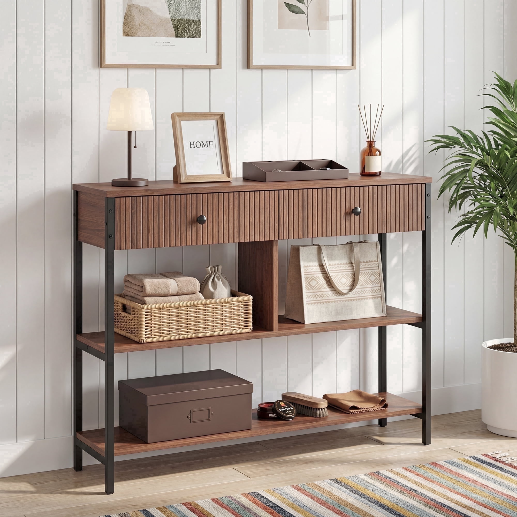 Manxile Fluted Wood Console Table with 2 Drawers, Mid Century Entryway Table with Open Storage Shelf, Walnut Oak