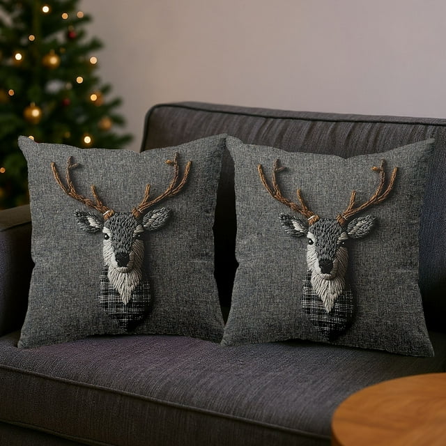 Wooowa Christmas Trees Reindeer Throw Pillow Cover, Xmas Winter Holiday Animals Cushion Case Decoration for Sofa Couch
