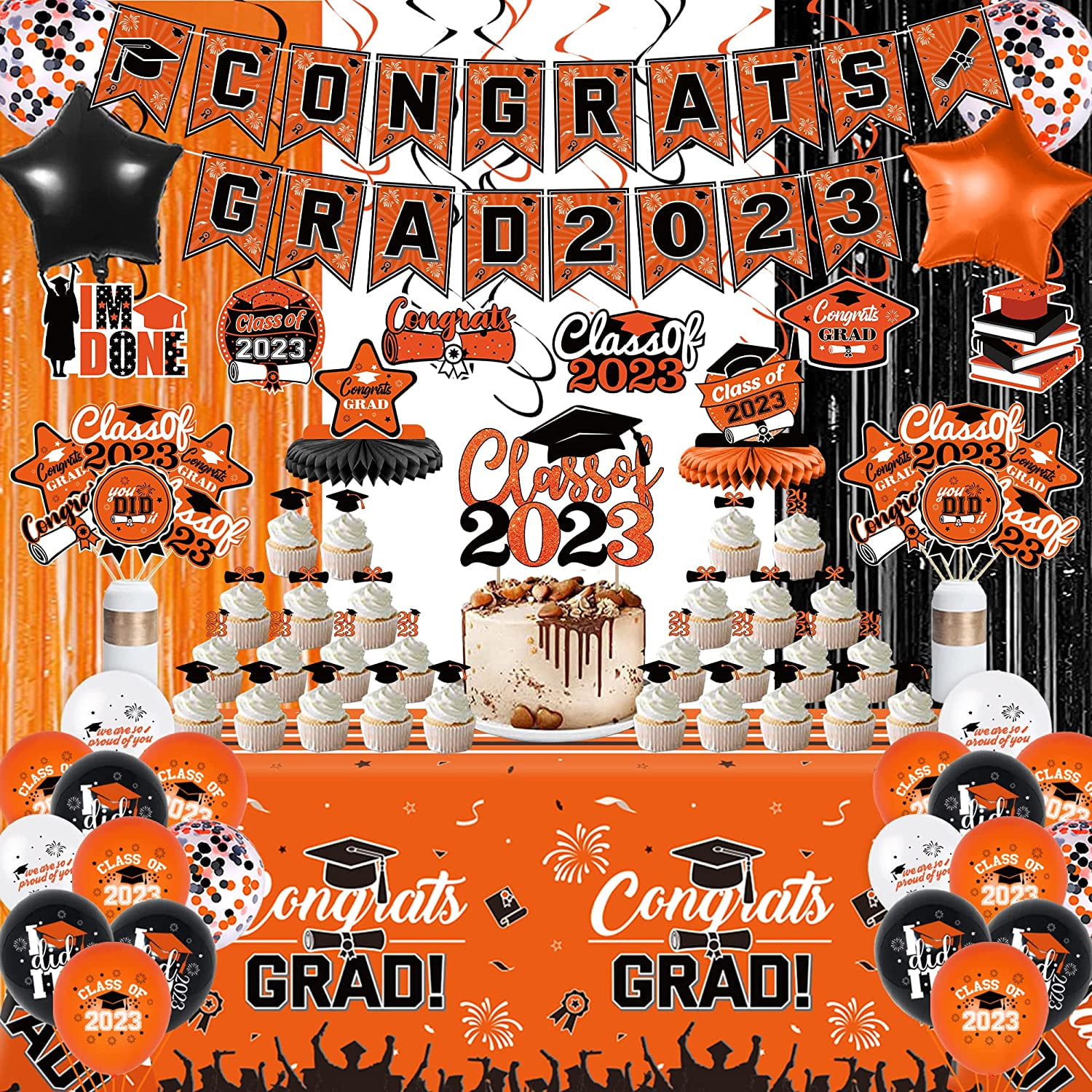 Orange Black Graduation Party Decorations 2023 Class of 2023 Congrats Grad Banner, Cupcake