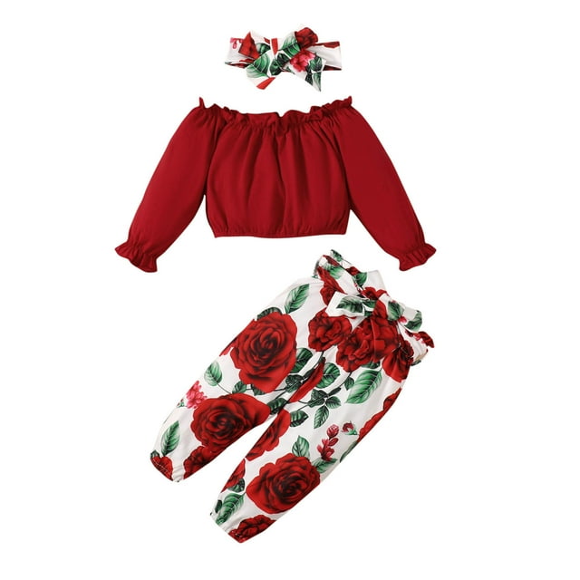 Odeerbi 3M-2Y Niñas Trajes de Algodón Ruffle Manga Larga Recortada Tops Floral Pantalones Conjunto de Dos Piezas