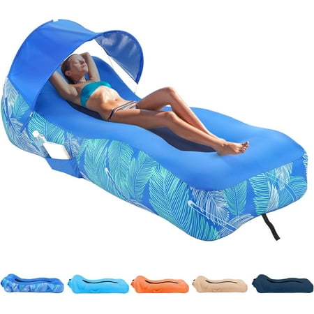 Inflatable Lounger Air Sofa with Unique Sun-Shade Design, Inflatable Beach Bed with Pillow, Waterproof Inflatable Couch Camping Chair Hammock for Hiking Backyard Travel Beach Park Picnics