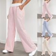 thumbnail image 4 of Duqingm Womens Pants Trendy Striped Pants for Women High Waisted Wide Leg Cotton Linen Trendy Beach Pull on Elastic Waist Casual Flowy Pants Pink,M, 4 of 7
