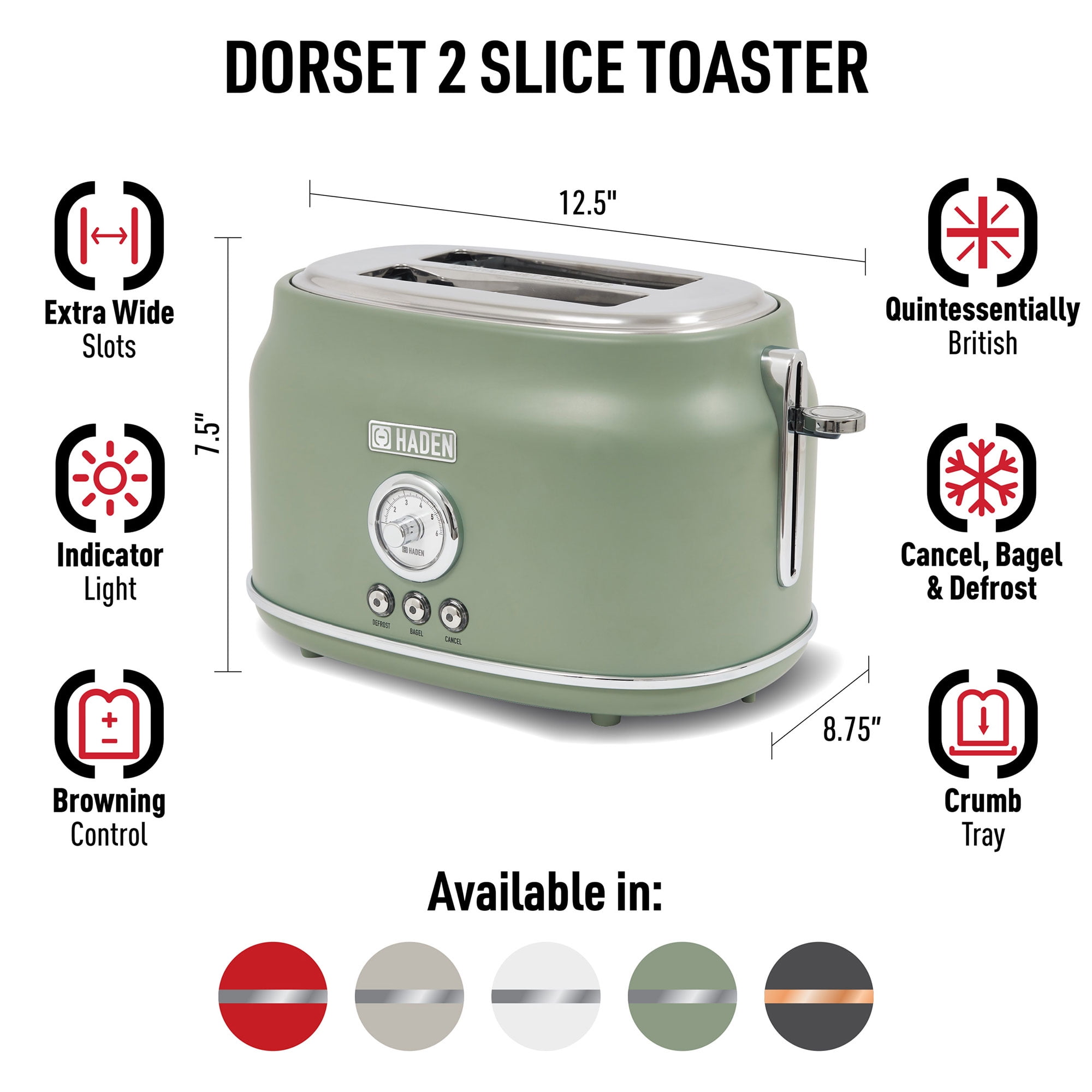 Open Box Haden Dorset 2 Slice Wide Slot Stainless Steel Toaster, Cedar Green/Chrome