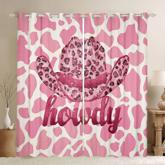 Homewish 2-Pack Cowgirl Hat Leopard Print Pink Bling Glitter Blackout Curtains (42x63 Each) for Teens, Luxury Bedroom Decor