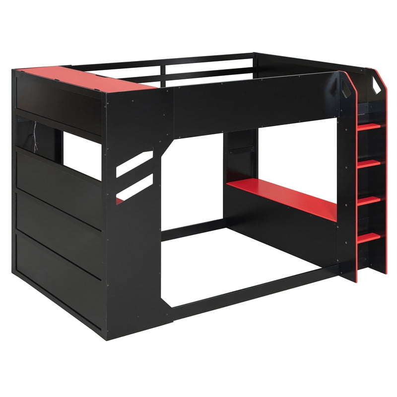 Full Size Wood Loft Bed with Height Adjustable Desk, RGB LED Lights & Storage Drawers, Gaming Loft Bed Frame with Headboard Cabinet, Hanging Rod for Bedroom
