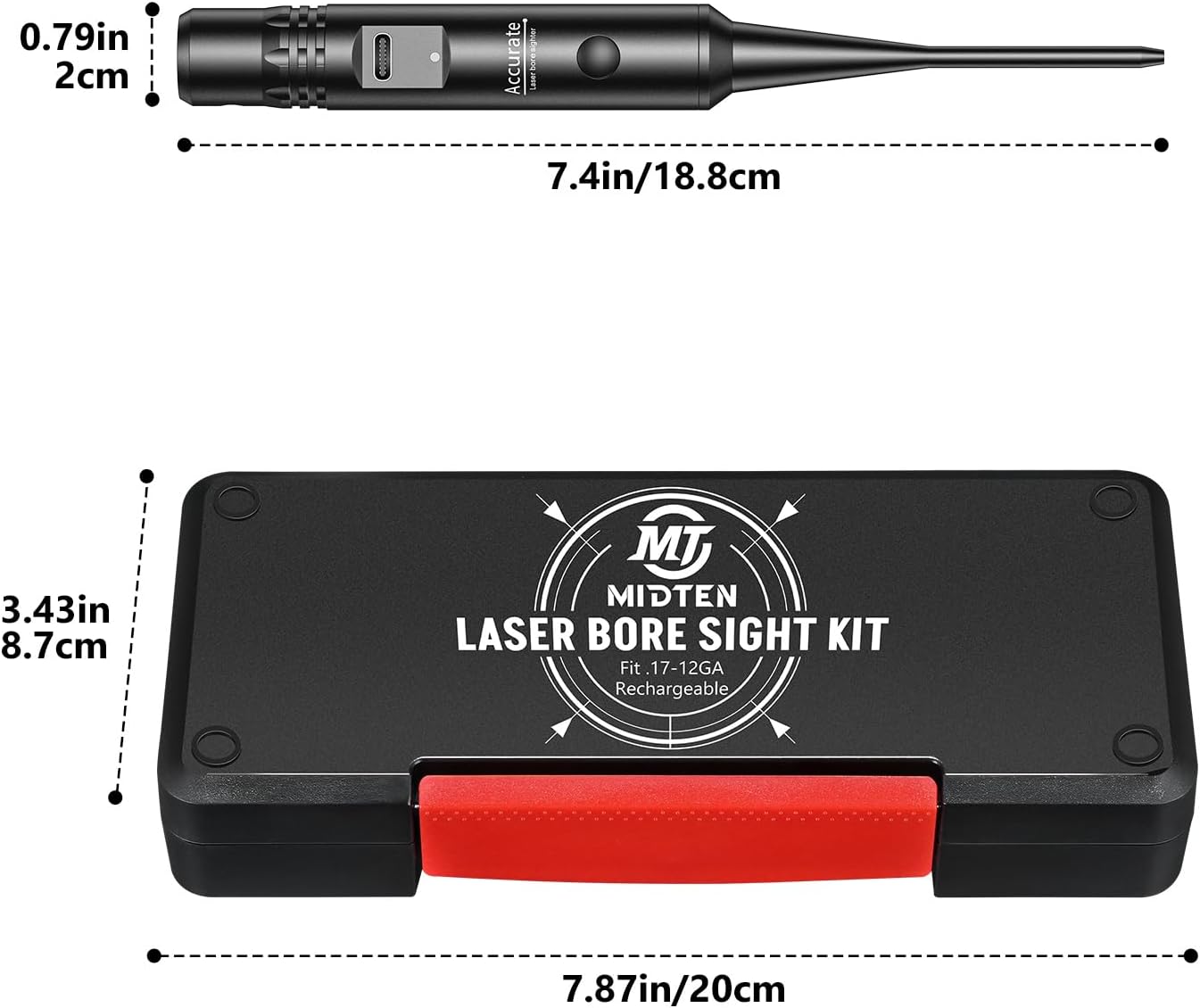 Rechargeable Red Bore Sighting Kit for 0.17 to 12GA Cal, Multiple Caliber 16 Adapters