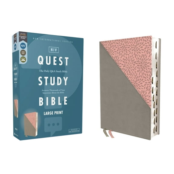 Niv, Quest Study Bible, Large Print, Leathersoft, Gray/Pink, Thumb Indexed, Comfort Print: The Only Q and A Study Bible, (Hardcover)