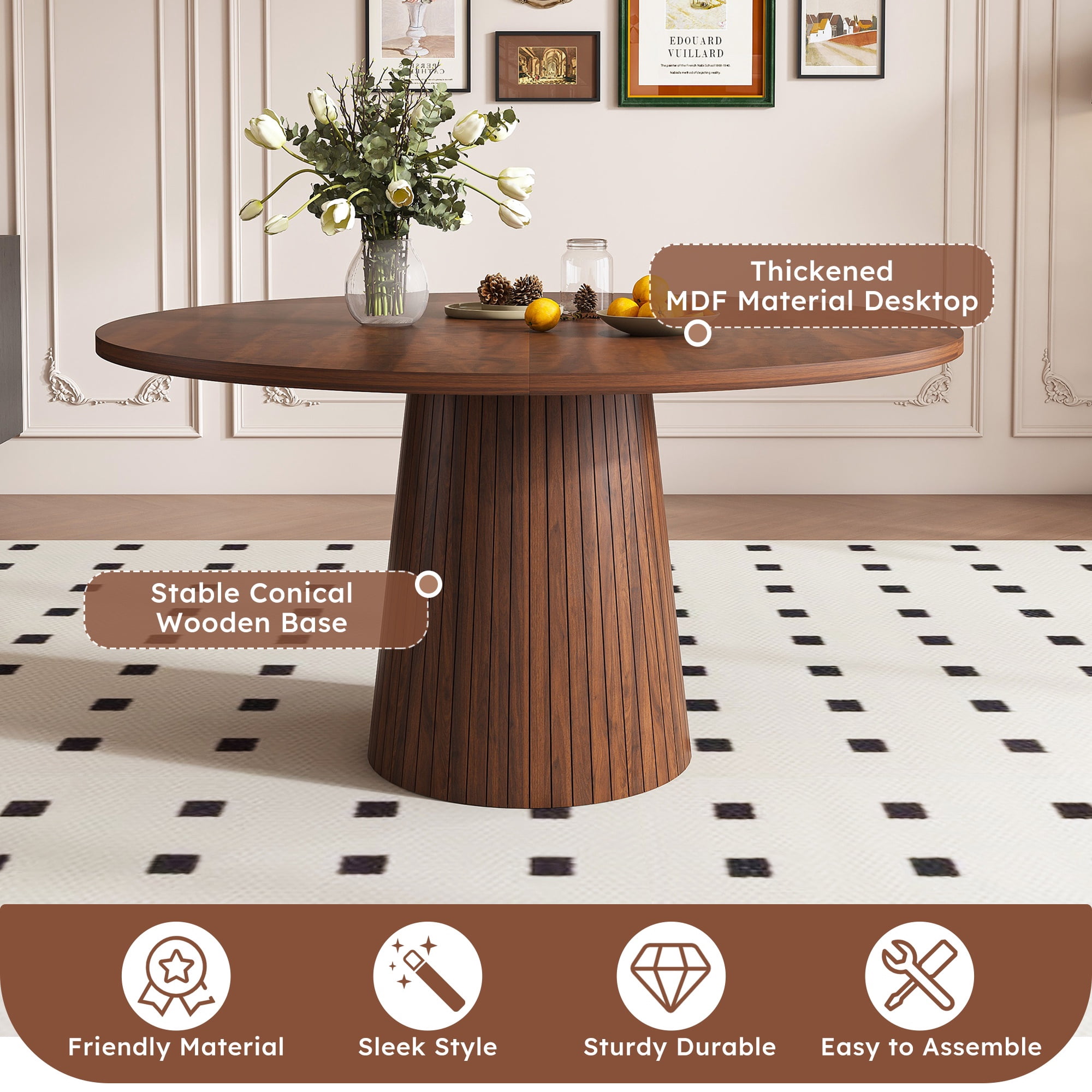 PORKISS 47" Circle Dining Table, Fluted Round Kitchen Table for 4 with 1.18" Thick Wood Tabletop, Modern Farmhouse Dining Room Table with Metal-Reinforced Base for Kitchen, Walnut
