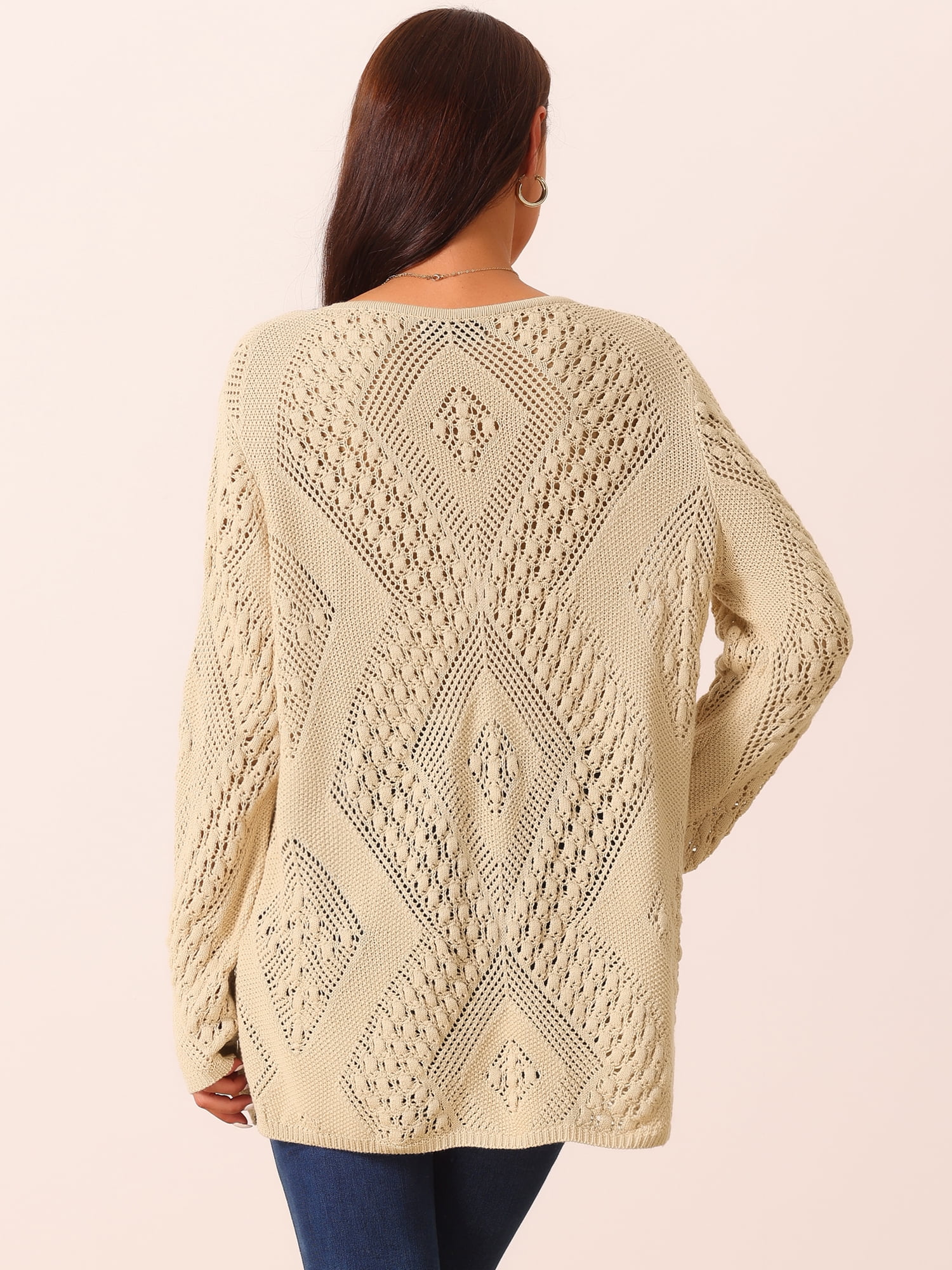 DARING DIVA Hollow Cable Knit Loose Casual Pullover Sweaters M Khaki