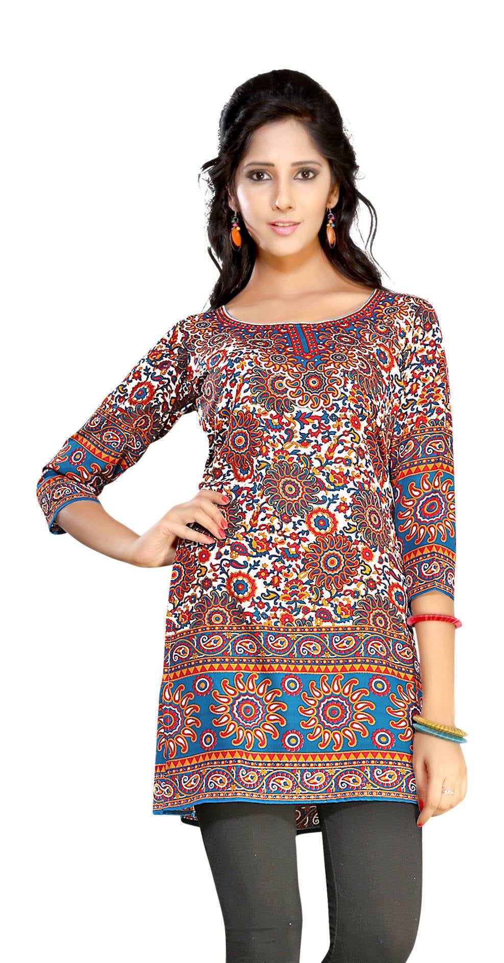 Blue 3/4 sleeve Indian Printed Kurti Tunic Women KurtaLarge