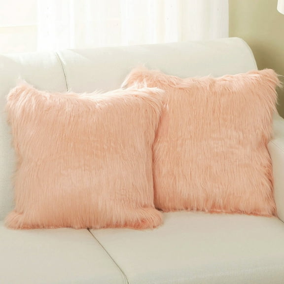 Lanco Faux Fur Fluffy Throw Pillow Covers, Soft Shaggy Plush, Decorative, (Set of 2), Blush, 16 x 16"