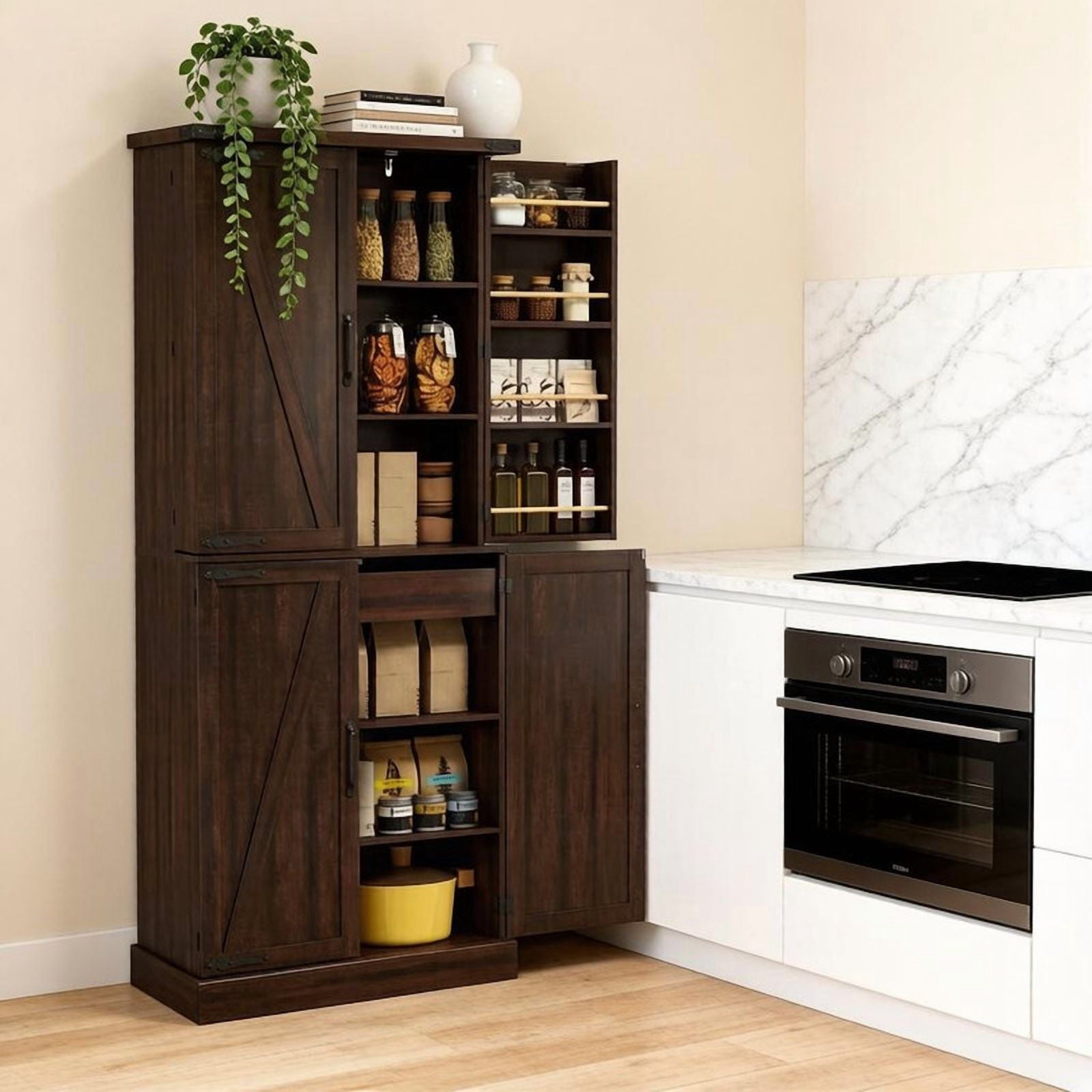 Farmhouse Style Storage Cabinet with Side Rack, Home Bar Sideboard Organizer, Kitchen Pantry Cabinet with Adjustable Shelf