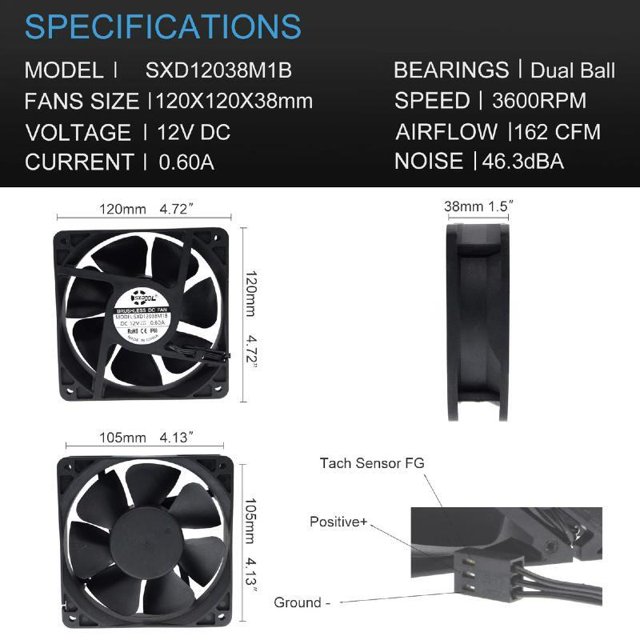 Waterproof Cooling Fan Series - DC 12V Dual Ball Bearings - Dustproof and Moisture-Resistant - Sizes 80x25mm, 120x25mm, 120x38mm 120mmX38mm