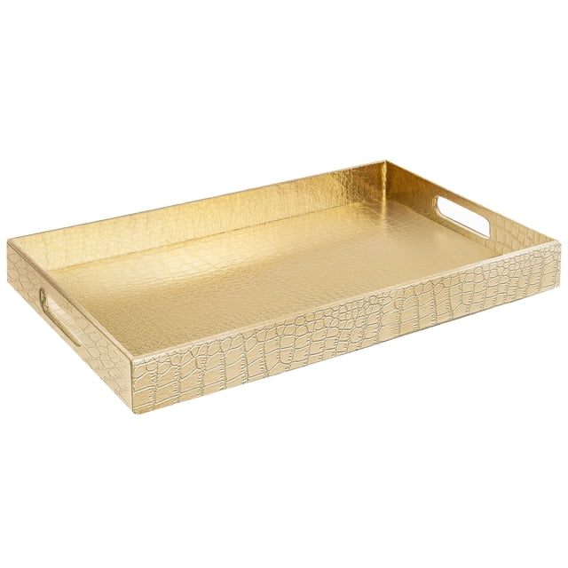 Home Redefined Bandeja Decorativa para Servir de Piel Sintética de Cocodrilo Rectangular de 45 X 30 Cm con Asas, Color Dorado