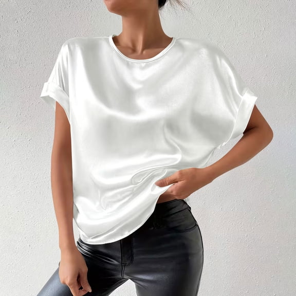 XUNKUSGA Tops for Women Classic Satin Silk Ladies Tops and Blouses Casual Crew Neck Short Sleeve Womens Blouses Comfortable Loose Soild Color Work Tunic Tops S-2XL White