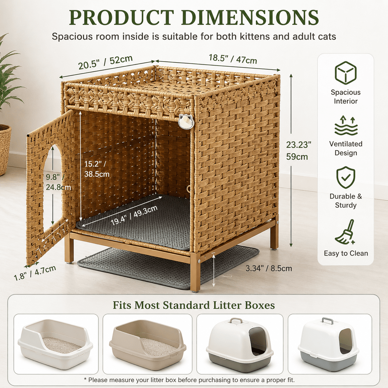 Pawfect Bed Company And Pet Supply Odor Control Rattan Wicker Enclosed Cat Litter Box with Litter Scoop and Removable Mat, Off-White