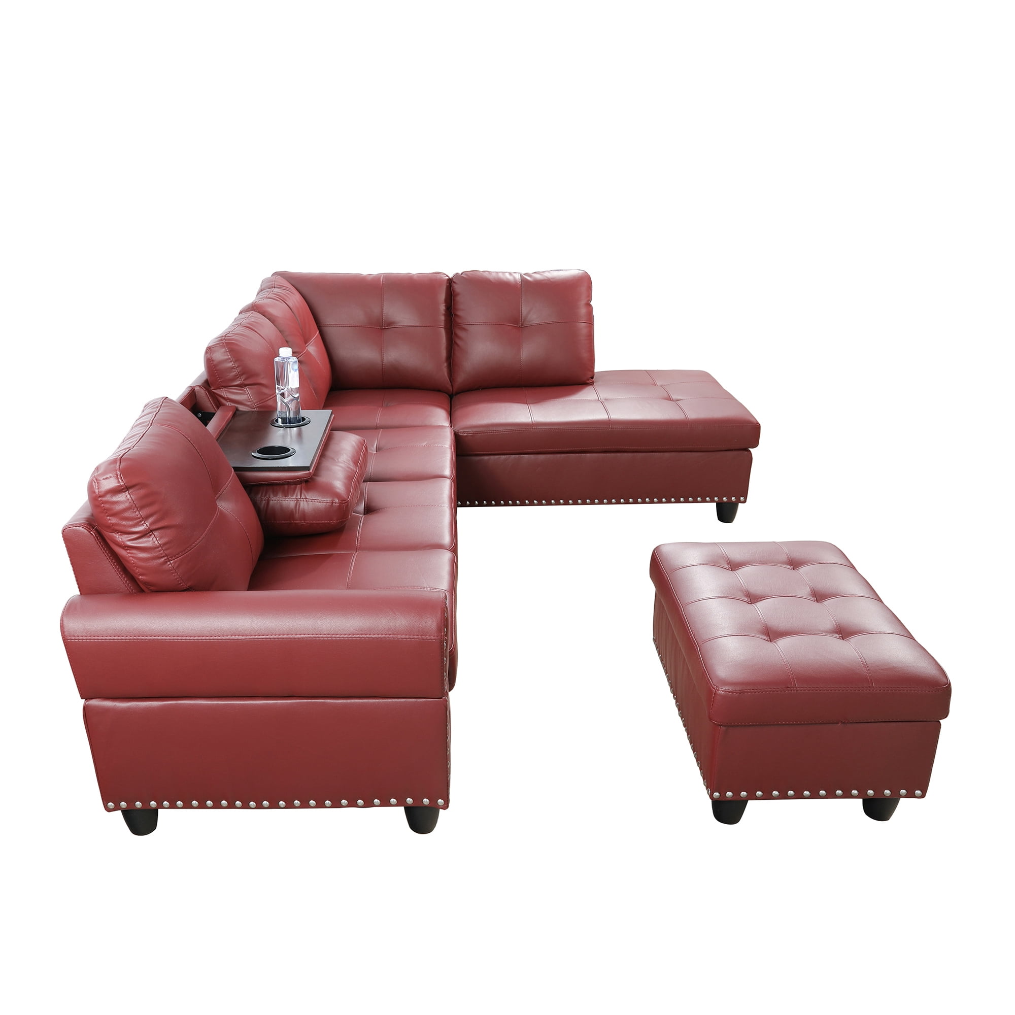 MAYEERTY 97.5" L-Shaped Sectional Sofa, Faux Leather 3-Piece Modular Couch Sofa Set with Ottoman, Red (Right)