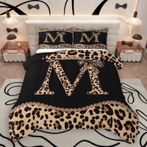 Homewish Fashion Initial Letter Queen Comforter Set, Chic Monogrammed M Bedding Sets, Kawaii Cheetah Bowknot Reversible Bedding Comforter Set, Breathable Home Decor, 3-Piece