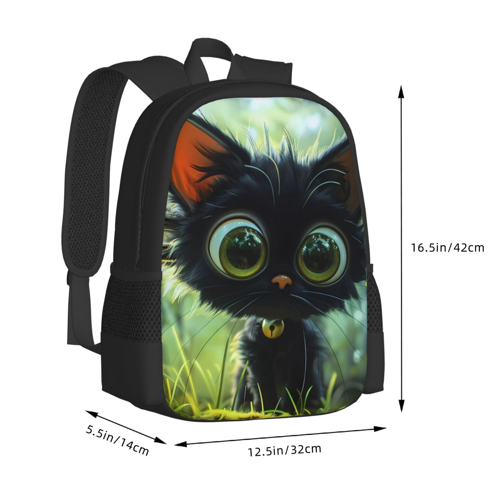 Ratiio Cute Big-Eyed Black Cat Backpack for Men and Women - Durable 600D Oxford Cloth -Large Capacity, Water-Resistant School, Travel, and Hiking Bag