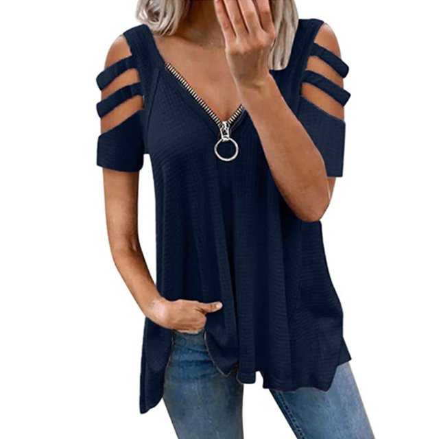 Camiseta con cuello en V y cremallera para mujer, informal, a la moda, con dobladillo suelto, manga calada, hombros descubiertos, blusa