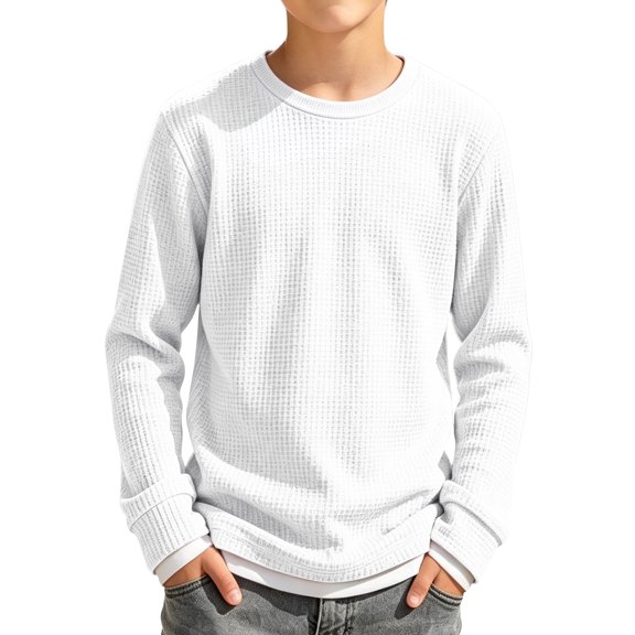 Abcomgle Boys Long Sleeve Tops 10-12 Crewneck Winter Tee for Boys Waffle Basic Top for Boys Waffle Fake Two Piece Boys Tee Tops