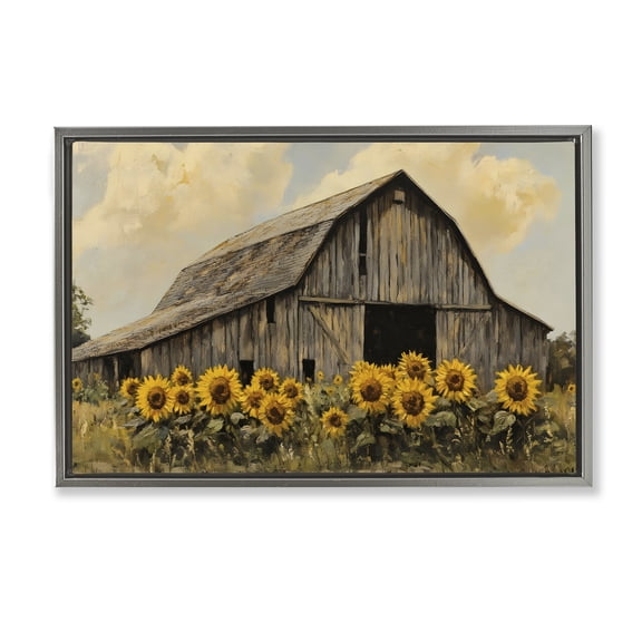 Stupell Industries Barn In Sunflower Field Gray Framed Floater Canvas Wall Art, design by Franklyn Gregory