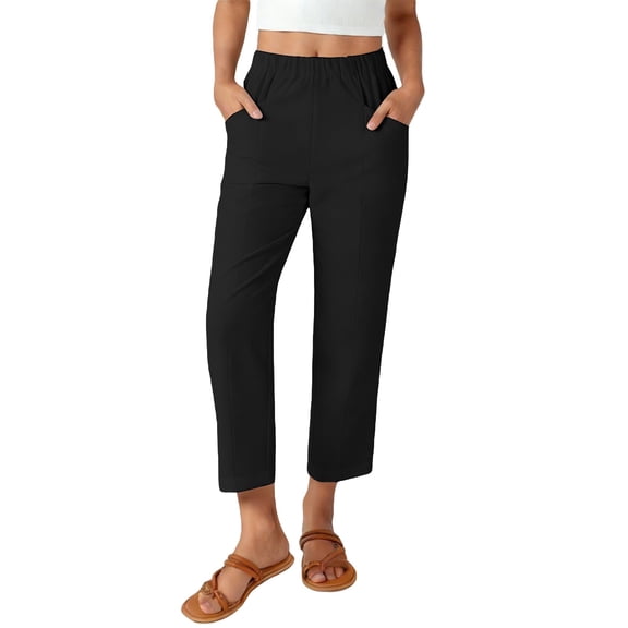 Bainana Womens Comfort Fit Straight Leg Pants Solid Color Elastic Waist Trousers With Pockets Ladies Party Play Flowy Pants Black Size L