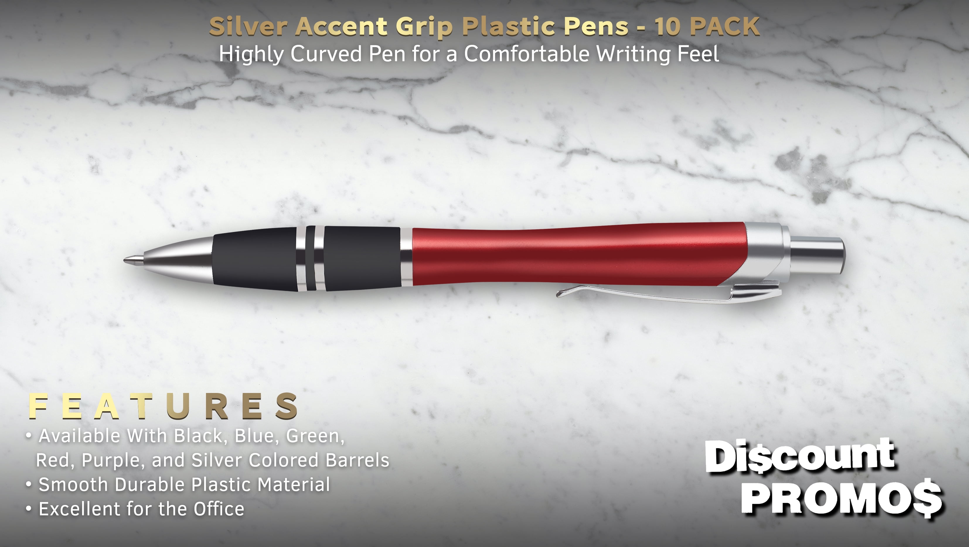 10 Silver Accent Grip Plastic Pens Pack - Click action, Rubber Grip - Red