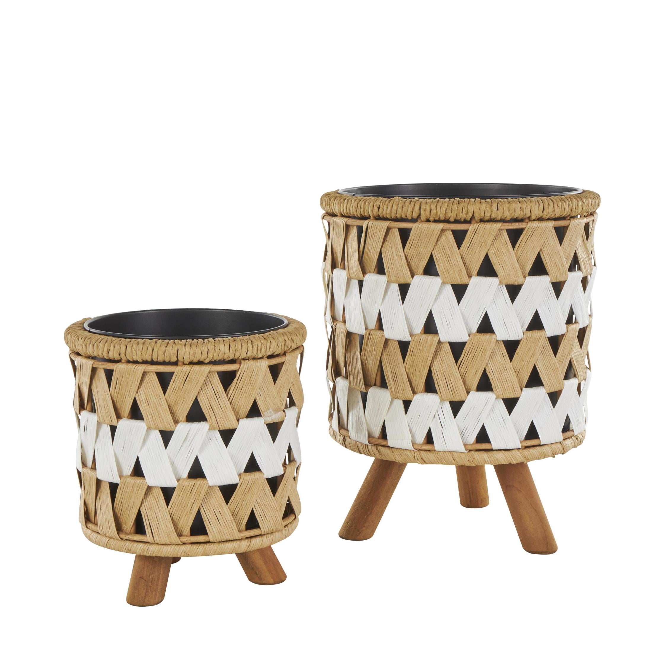 DecMode 13", 9"H Handmade Woven Chevron Brown Jute Rope Geometric Planter with Wooden Legs (2 Count)