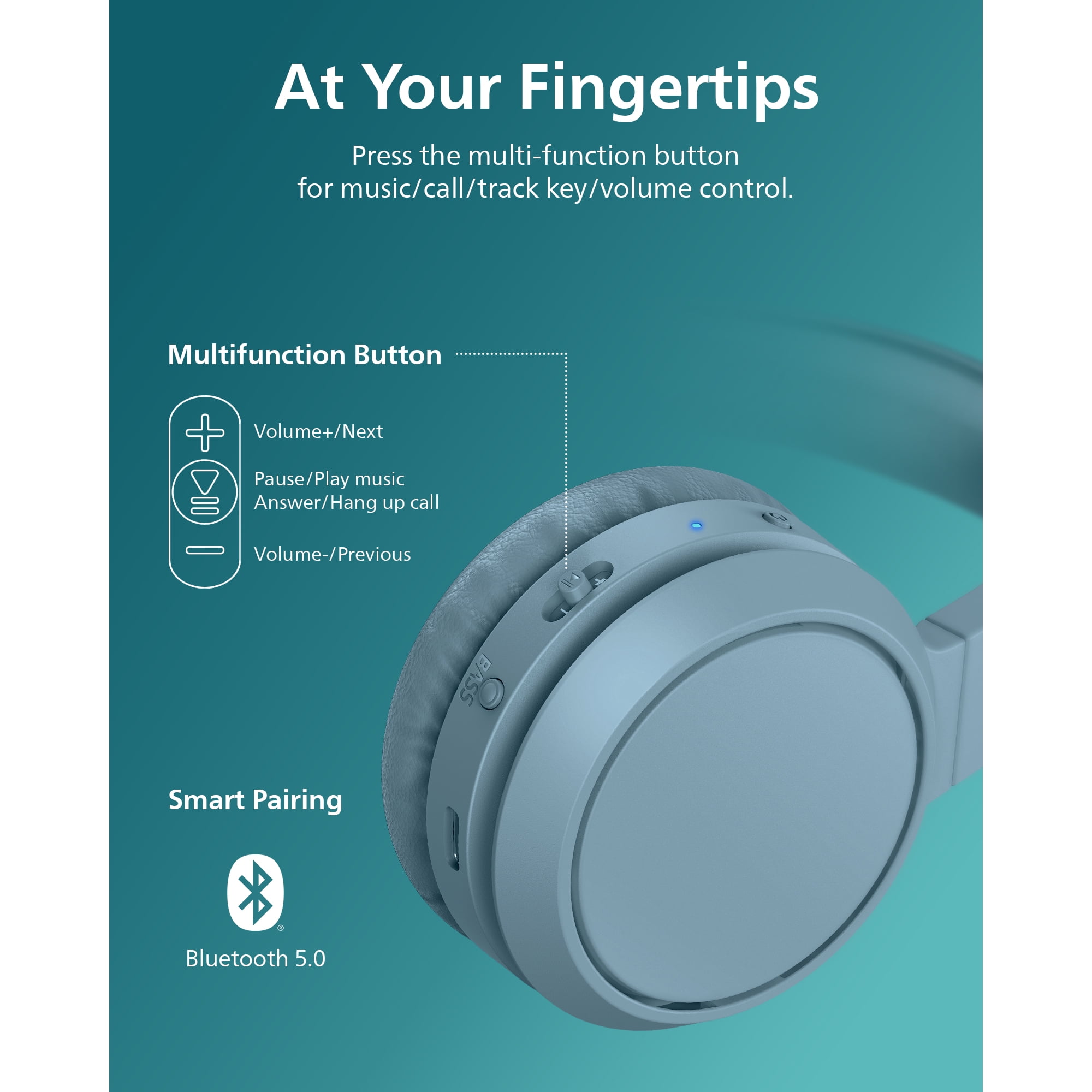 Philips H4205 on-Ear Wireless Headphones with 32mm Drivers and BASS boost on-Demand, Blue