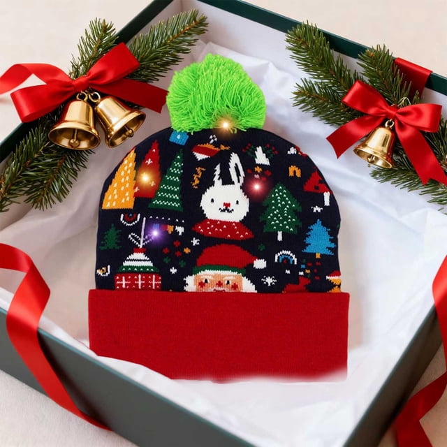 Fankiway Christmas Decorations for Tree Winter Fashion LED Christmas Hat Santa Claus Hairball Hat Pattern Knitted Hat Warm Ear Protection Woolen Hat Essentiales for Christmas Decorations