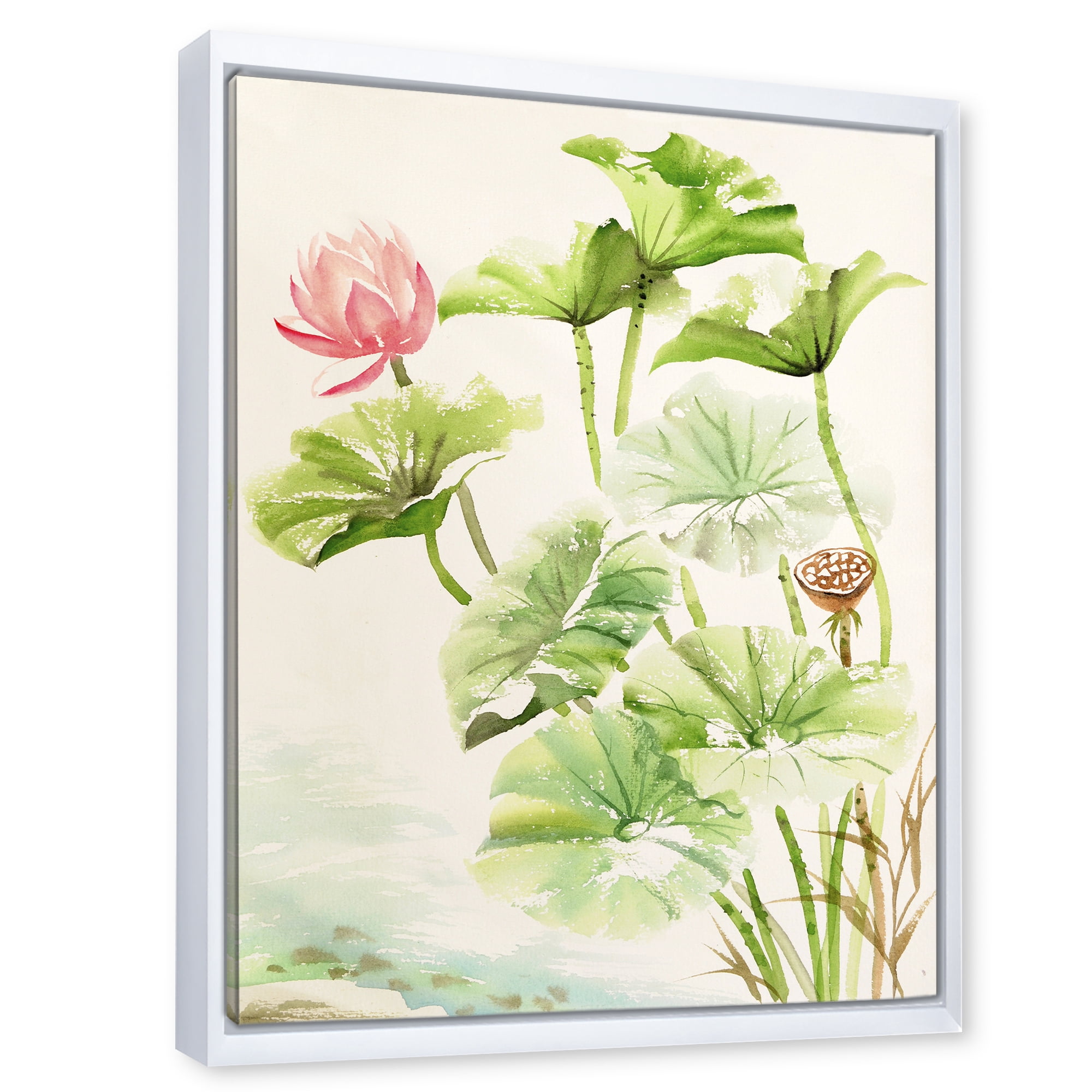 Designart 'Ancient Pink Lotuses In The Pond IV' Traditional Framed Canvas Wall Art Print